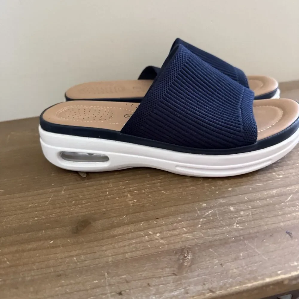 Mysoft Women Comfy Slide Sandals Air Cushion Knit Slip On Wedge Sz 8  Navy Blue